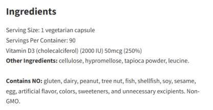 Vital Nutrients Vitamin D3 2000 IU 90Veg Capsules