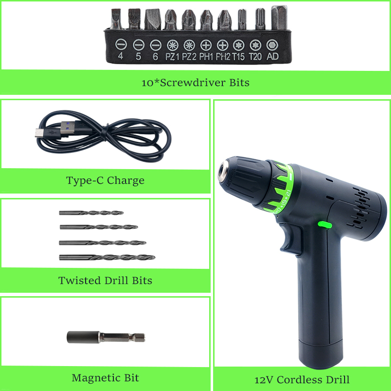 12V Cordless Drill Driver Set with 10 Screwdriver Bits, Type-C Charge, Twisted Drill Bits, Magnetic Bit, All-in-One Portable Repair Tool Kit for Household