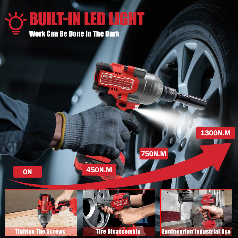 Holyever 21V 1300N·m Brushless Cordless Impact Wrench, 1/2" Chuck, Variable Speed Electric Wrench with 2x6.0Ah Makita 21V Li-Ion Batteries