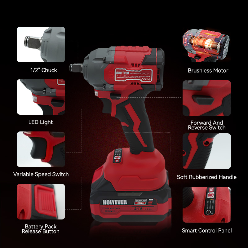 HOLYEVER 21V 550N·m Brushless Cordless Impact Wrench, 1/2" Chuck, Variable Speed Electric Wrench with 2x6.0Ah Makita 21V Li-Ion Batteries