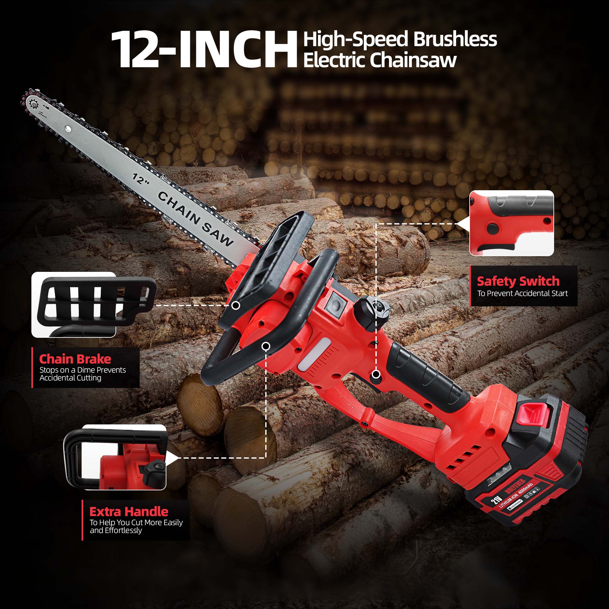 Holyever Cordless High Speed 12" Chain Saw, with 2x6.0Ah Makita 21V Li-Ion Batteries,  Brushless Motor, Automatic Lubrication, Great for Logging, Crafts, Home, Gifts