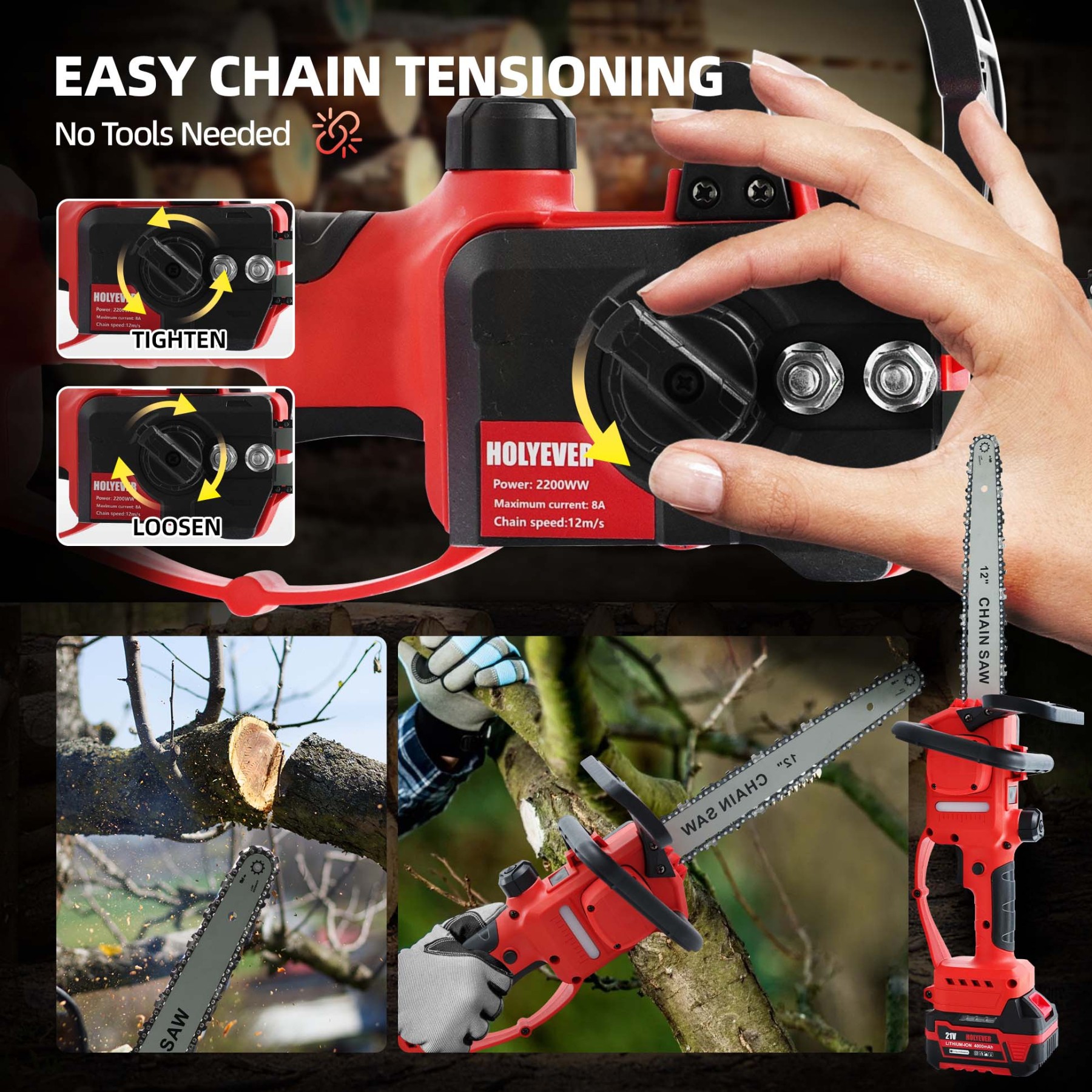 Holyever Cordless High Speed 12" Chain Saw, with 2x6.0Ah Makita 21V Li-Ion Batteries,  Brushless Motor, Automatic Lubrication, Great for Logging, Crafts, Home, Gifts