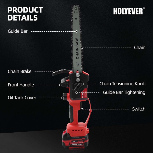 Holyever Cordless High Speed 12" Chain Saw, with 2x6.0Ah Makita 21V Li-Ion Batteries,  Brushless Motor, Automatic Lubrication, Great for Logging, Crafts, Home, Gifts