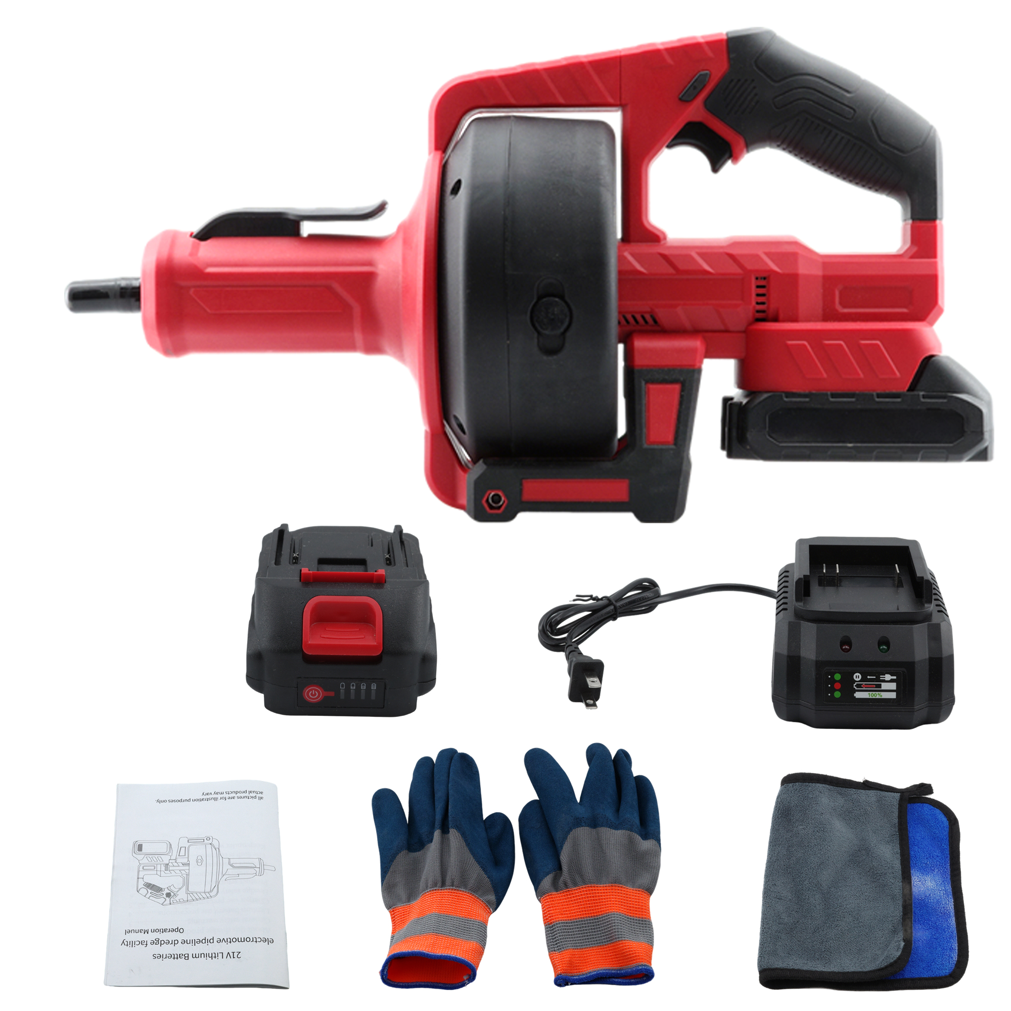 Electric Drain Auger, Electric Pipe Unclogger, With 1x2000mAh Makita 21V Li-Ion Battery, Charger & Gloves.