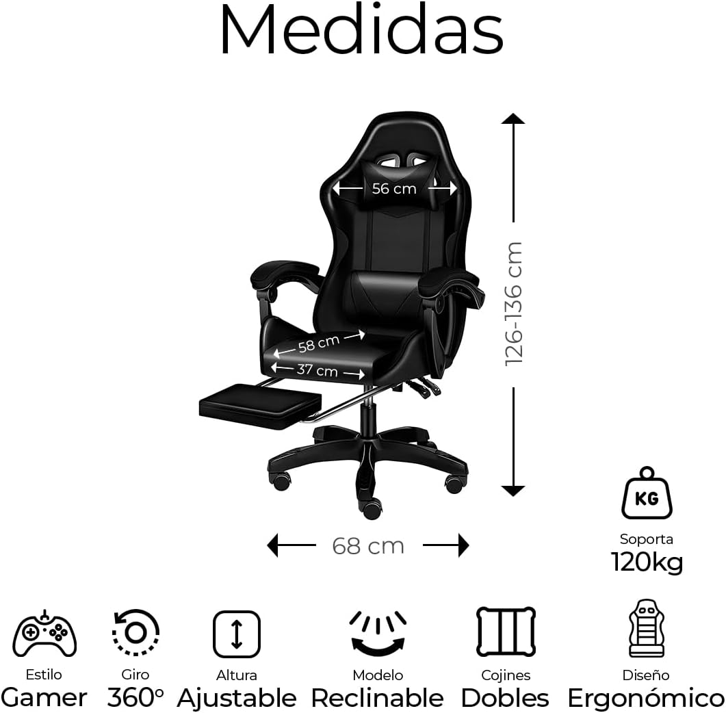 RagaBasics, Silla Gamer de Alta Calidad y Comfort, Silla de Ofina con Base Giratoria, Ruedas, Reposa Brazos, Reposa Pies y Respaldo Reclinable para la Mejor Posicion. (Negro)