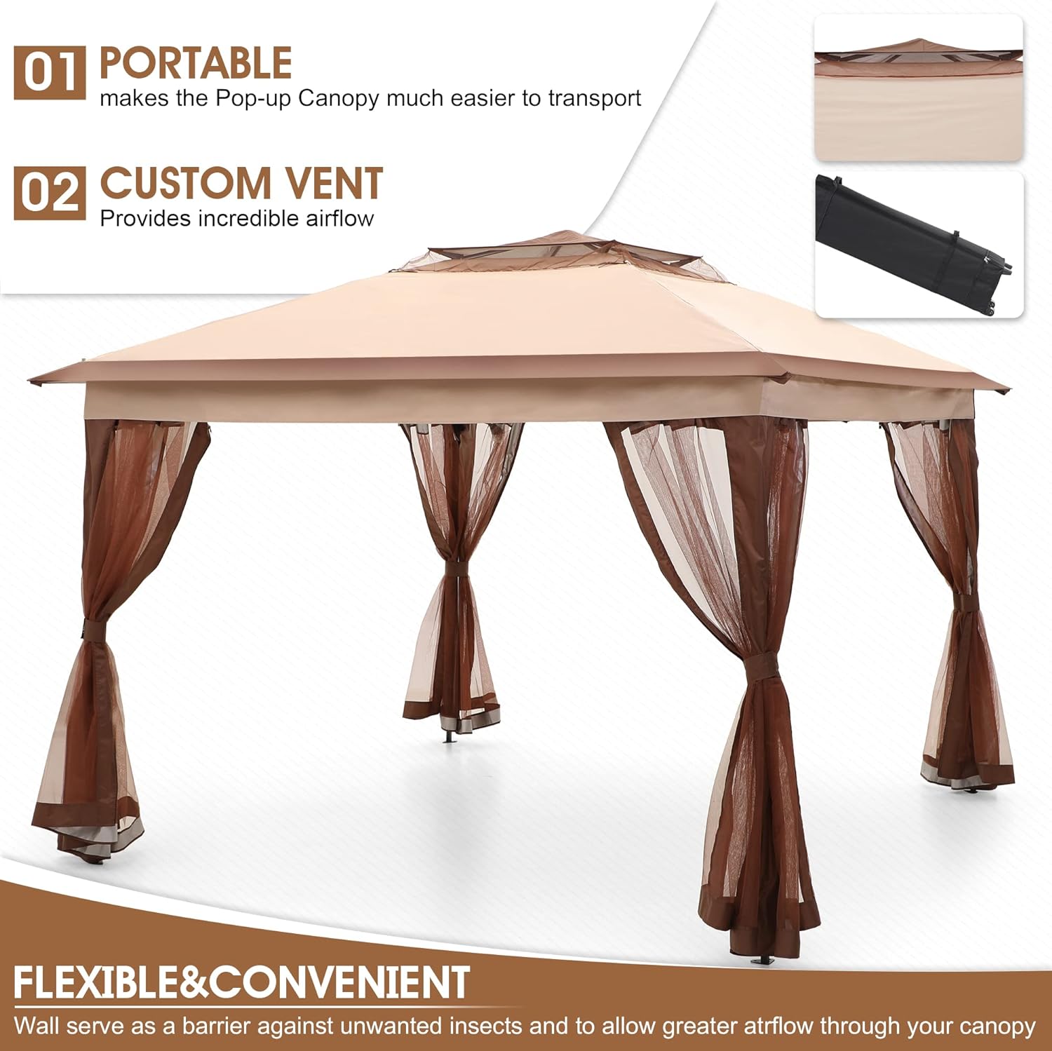 PHI VILLA - Toldo parasol con bloqueo UV de 4 x 4 m con kits de herramientas, pantalla de cenador para patio al aire libre, eventos de jardín, marrón