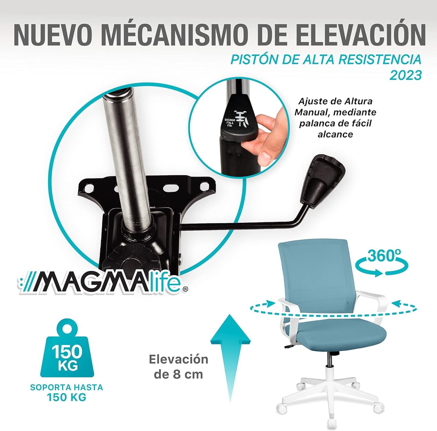 MAGMALIFE Silla Ergonómica de Escritorio con Respaldo de Malla Transpirable, Moderna y Elegante, Silla Giratoria con Soporte Lumbar y Cómodos Descansabrazos (Azul Cerúleo)