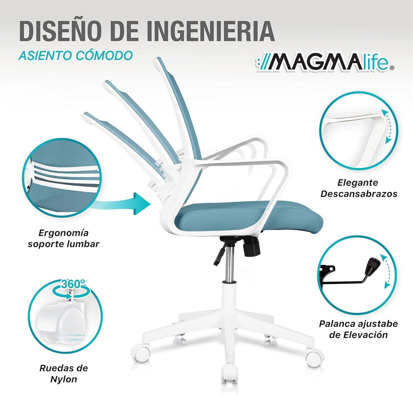 MAGMALIFE Silla Ergonómica de Escritorio con Respaldo de Malla Transpirable, Moderna y Elegante, Silla Giratoria con Soporte Lumbar y Cómodos Descansabrazos (Azul Cerúleo)