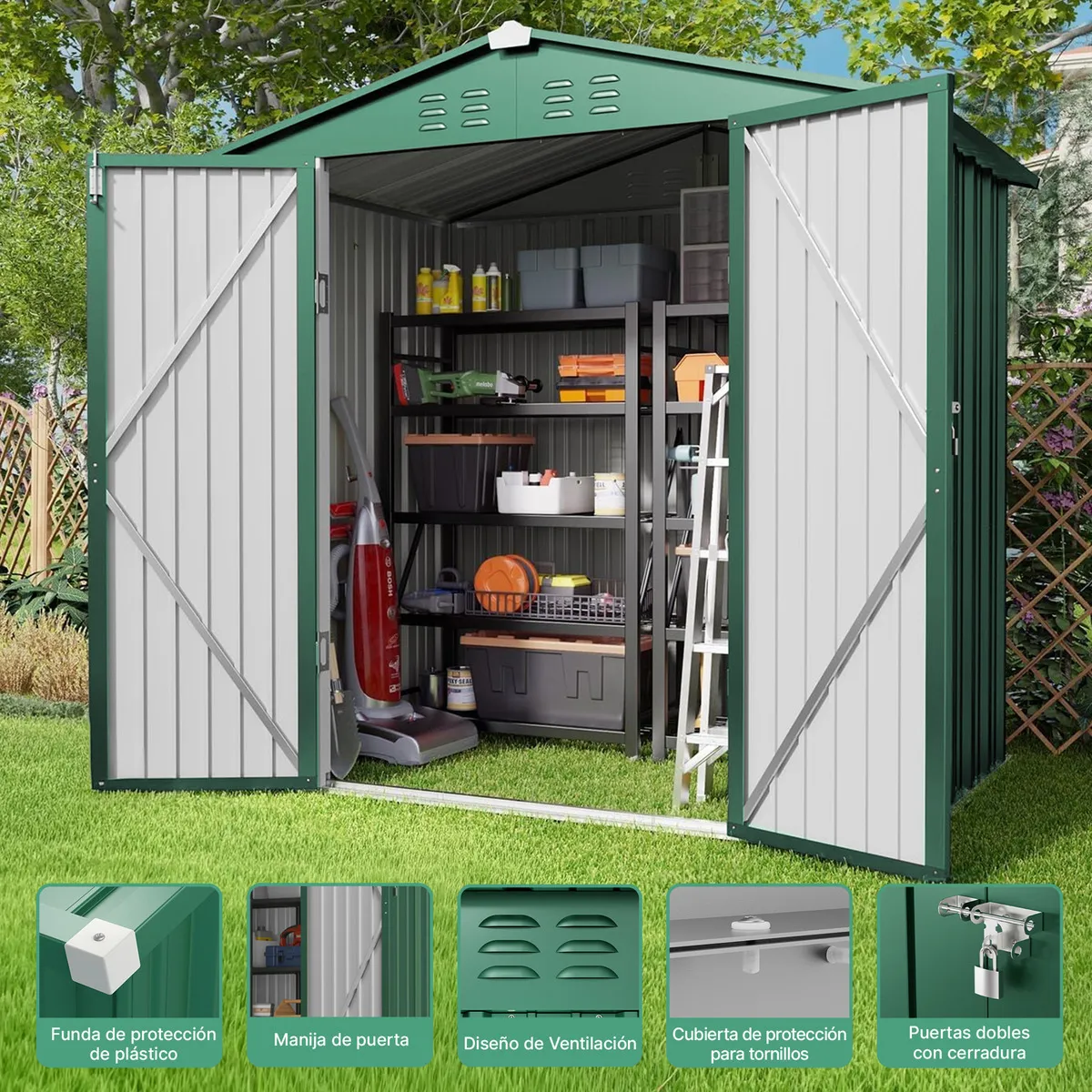 Quorive Cobertizo De Almacenamiento Exterior De Metal Galvanizado Con Puertas Dobles Con Cerradura, Espacio De Almacenamiento Exterior Para Patio Trasero Y Césped, Color Verde