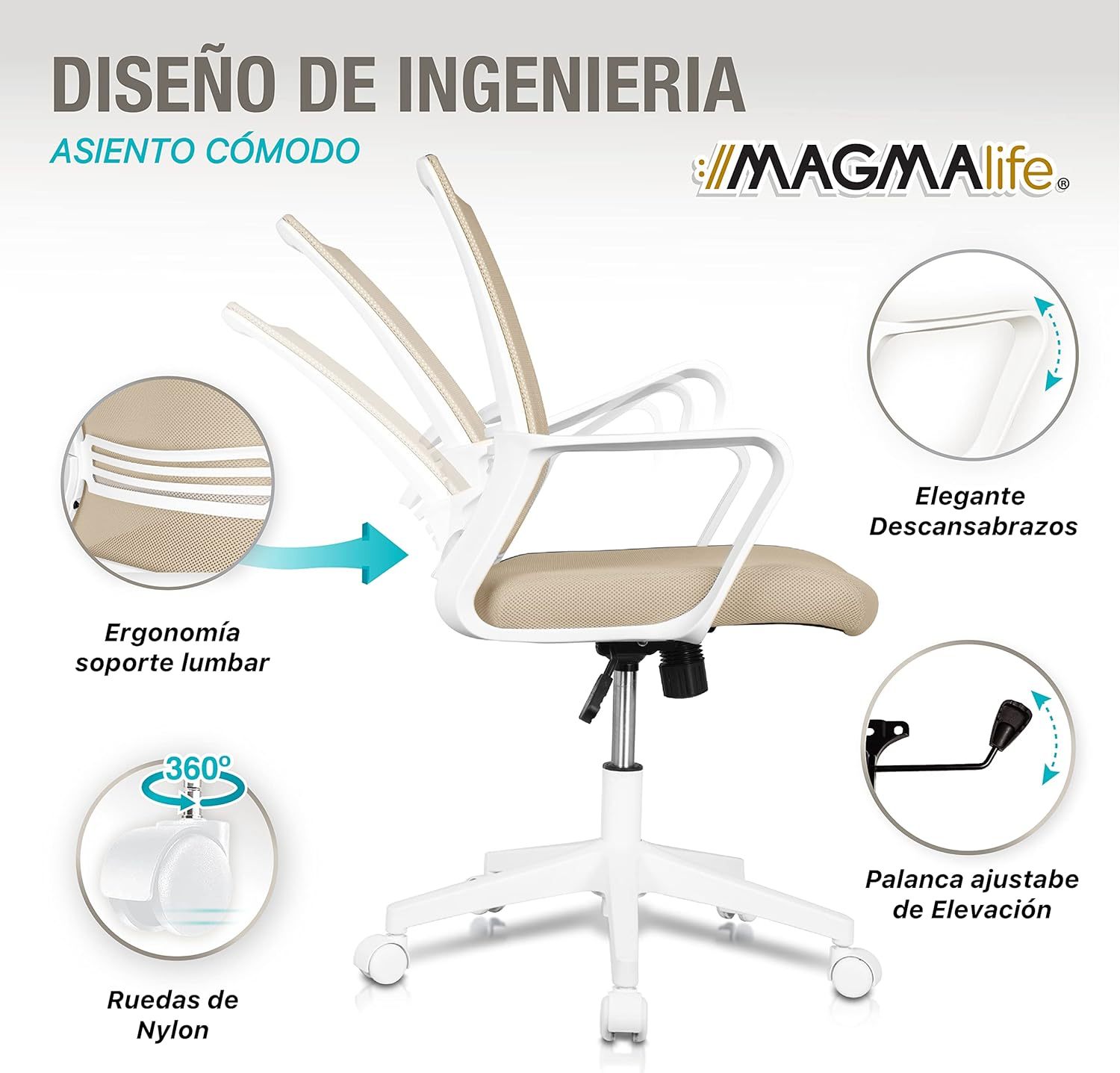 MAGMALIFE Silla Ergonómica de Escritorio con Respaldo de Malla Transpirable, Moderna y Elegante, Silla Giratoria con Soporte Lumbar y Cómodos Descansabrazos (Azul Cerúleo)