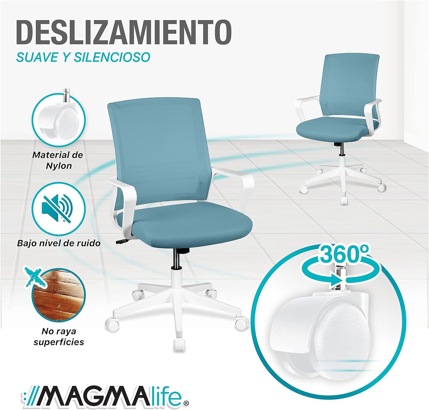 MAGMALIFE Silla Ergonómica de Escritorio con Respaldo de Malla Transpirable, Moderna y Elegante, Silla Giratoria con Soporte Lumbar y Cómodos Descansabrazos (Azul Cerúleo)