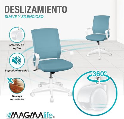 MAGMALIFE Silla Ergonómica de Escritorio con Respaldo de Malla Transpirable, Moderna y Elegante, Silla Giratoria con Soporte Lumbar y Cómodos Descansabrazos (Azul Cerúleo)