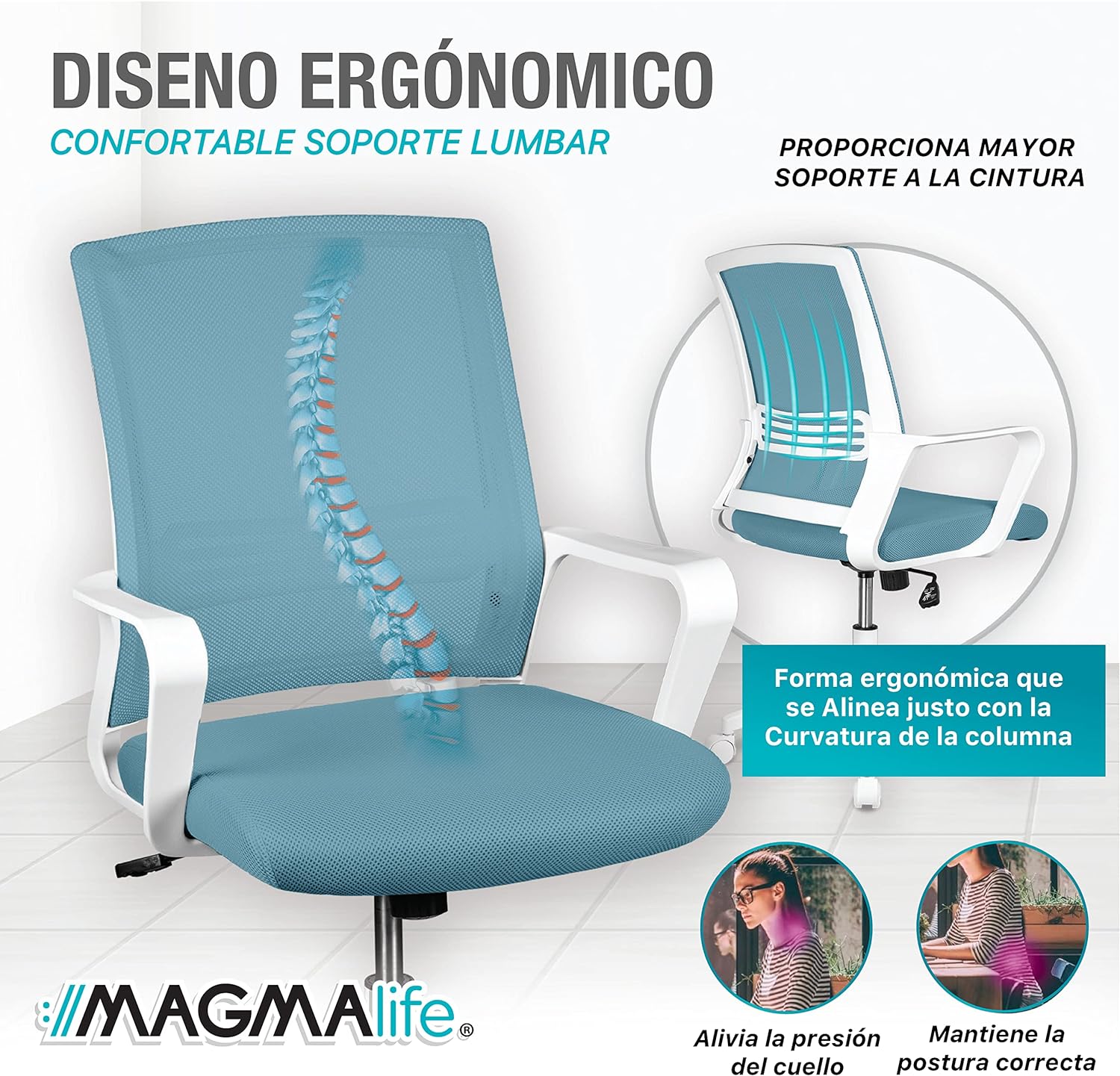 MAGMALIFE Silla Ergonómica de Escritorio con Respaldo de Malla Transpirable, Moderna y Elegante, Silla Giratoria con Soporte Lumbar y Cómodos Descansabrazos (Azul Cerúleo)