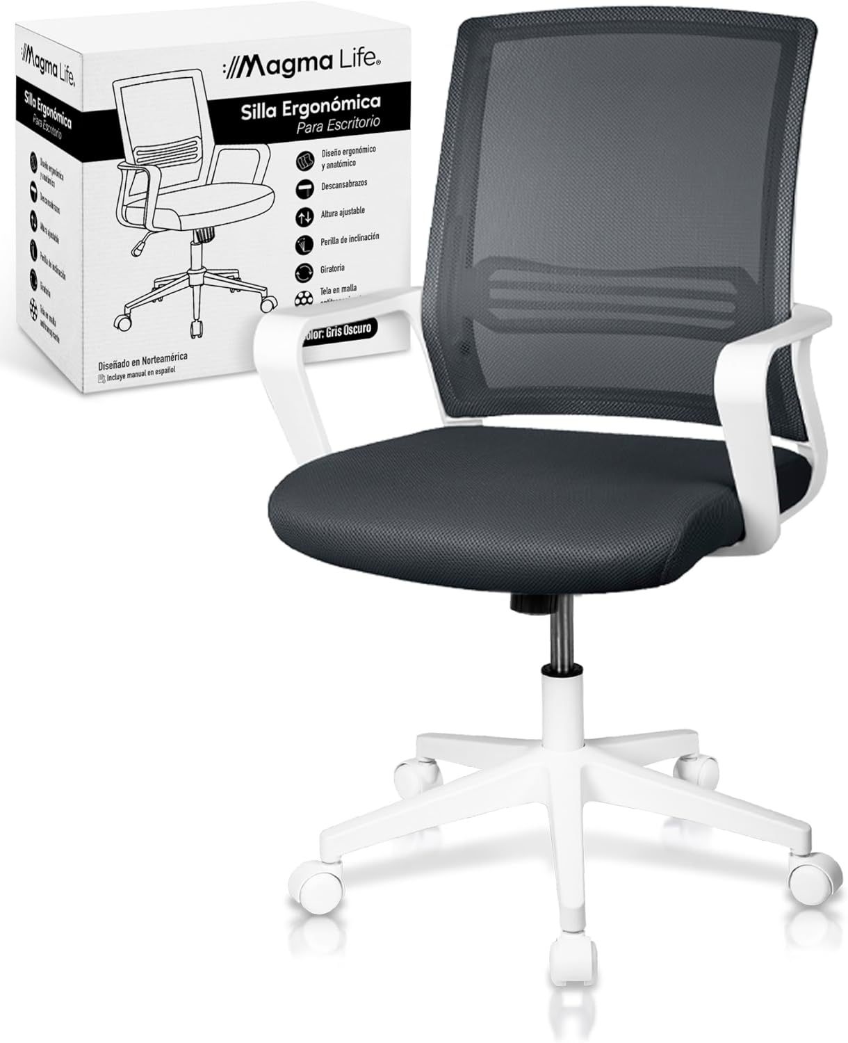 MAGMALIFE Silla Ergonómica de Escritorio con Respaldo de Malla Transpirable, Moderna y Elegante, Silla Giratoria con Soporte Lumbar y Cómodos Descansabrazos (Azul Cerúleo)