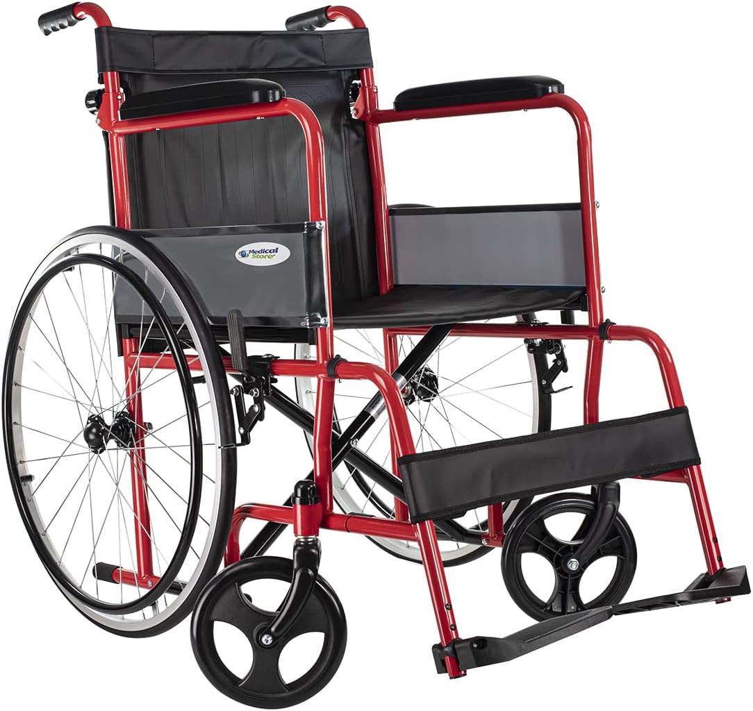 MEDICAL STORE Silla de Ruedas, Modelo 809F, Acero Resistente, Descansapies Desmontables, Descansabrazos Fijos Rectos, Asiento y Respaldo de Vinil Alta Resistencia. (ROJO)