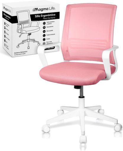 MAGMALIFE Silla Ergonómica de Escritorio con Respaldo de Malla Transpirable, Moderna y Elegante, Silla Giratoria con Soporte Lumbar y Cómodos Descansabrazos (Azul Cerúleo)