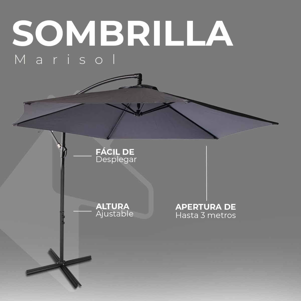Sombrilla de Jardín Duralife | Sombrillla para Exterior con Brazo Lateral 3M Diámetro Altura Ajustable | Sombrilla de Poliester para Patio, Jardin, Terraza