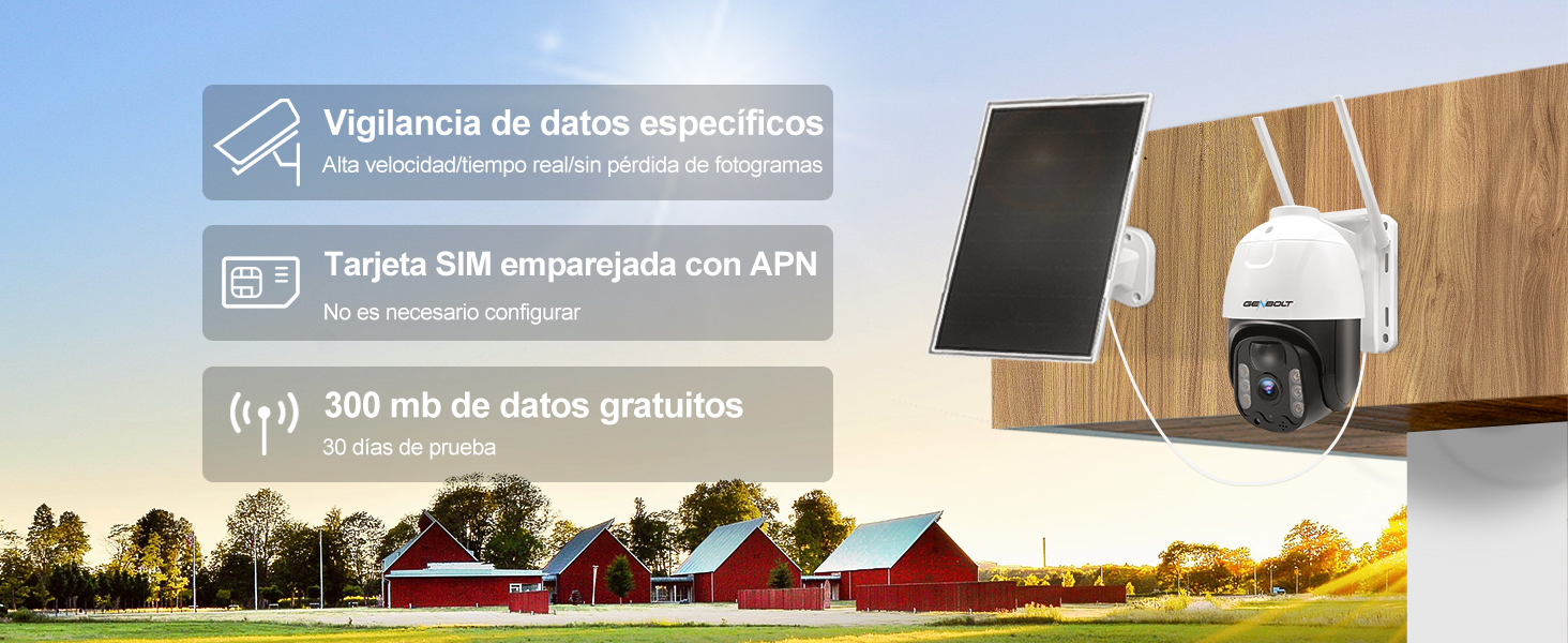 C&aacute;mara 4G Solar Vigilancia Exterior Sim GENBOLT con Bater&iacute;a PTZ Seguimiento PIR Detecci&oacute;n