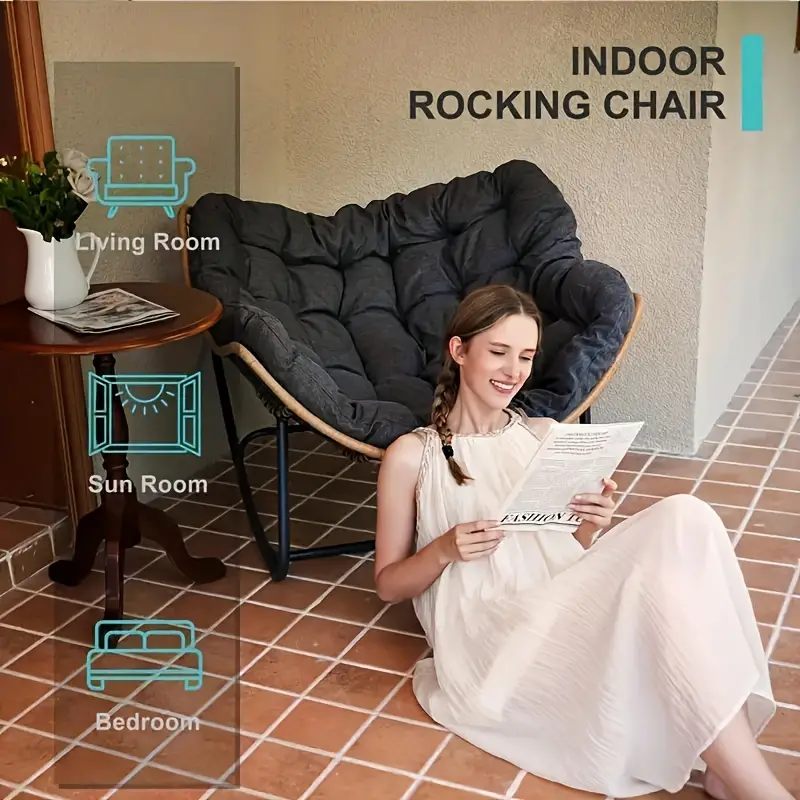 Silla de Balanc&iacute;n de Rat&aacute;n Beige de Lujo con Coj&iacute;n Suave - Perfecta para Uso Interior y Exterior, Ideal para  , Patio, Porche, Jard&iacute;n Trasero, Camping y Senderismo detalles 2