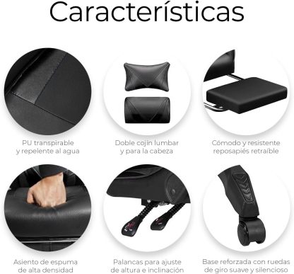RagaBasics, Silla Gamer de Alta Calidad y Comfort, Silla de Ofina con Base Giratoria, Ruedas, Reposa Brazos, Reposa Pies y Respaldo Reclinable para la Mejor Posicion. (Negro)