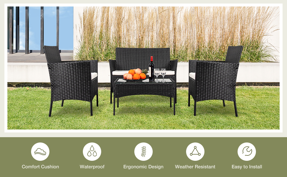 Juego de muebles de patio 4 piezas de muebles de exterior, mesa de patio y sillas con coj&iacute;n grueso