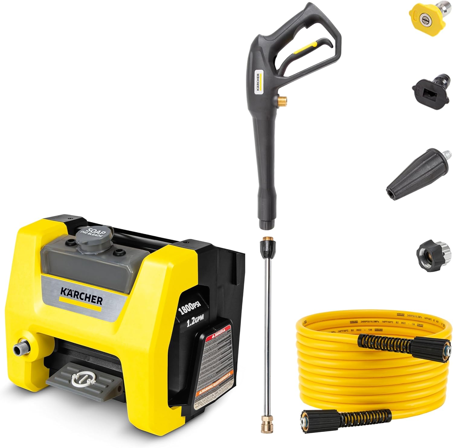 Kärcher K1800PS - Lavadora a presión (2250 PSI), 3 boquillas de pulverización, Tanque de detergente, para Coches, calzadas, revestimientos, Patios, 1.46 máx. GPM
