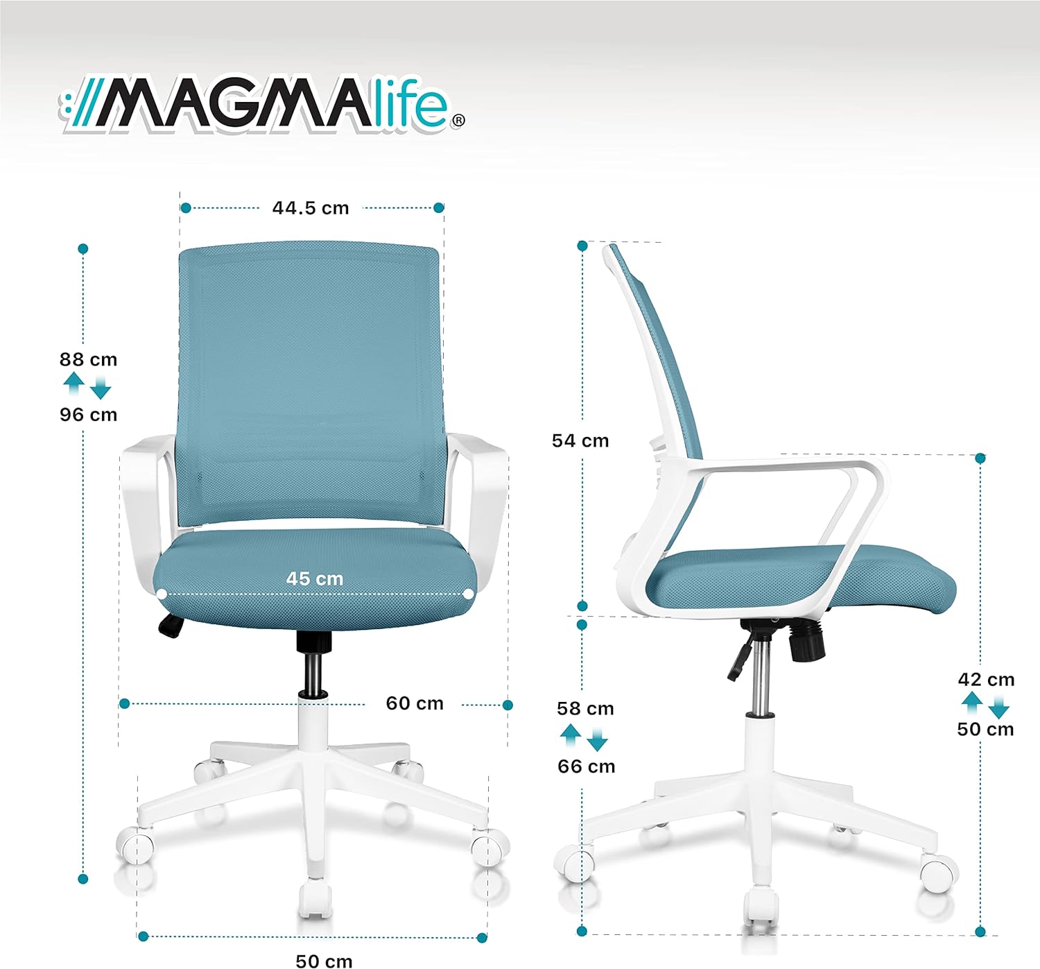 MAGMALIFE Silla Ergonómica de Escritorio con Respaldo de Malla Transpirable, Moderna y Elegante, Silla Giratoria con Soporte Lumbar y Cómodos Descansabrazos (Azul Cerúleo)