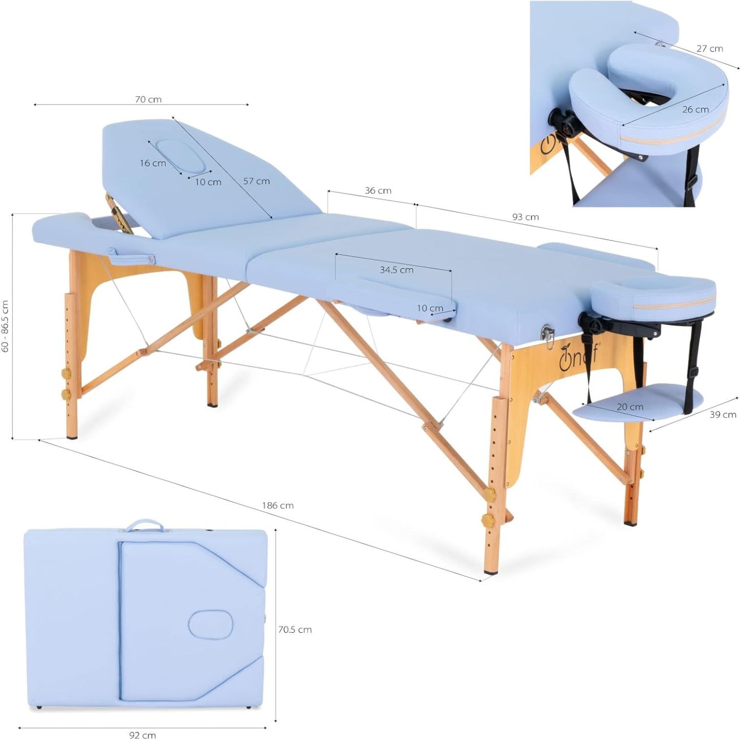 Onof Cama de Masaje Plegable de 3 Secciones y 8 Niveles de Altura Ajustable con Estuche Portátil para Uso Profesional Fisioterapia SPA Tatuajes Facial (Azul Maya)