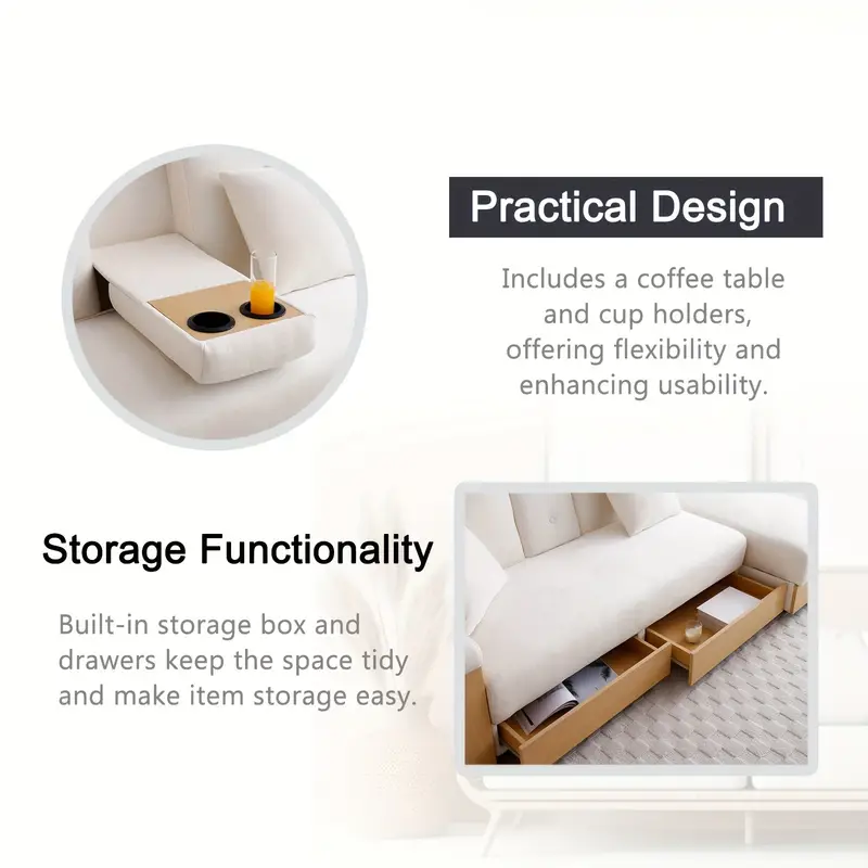 Sofá    , sofá   plegable multifuncional,   de almacenamiento y   de sofá con   y cajón, mesa abatible   portavasos    ,  ,  ,     detalles 1