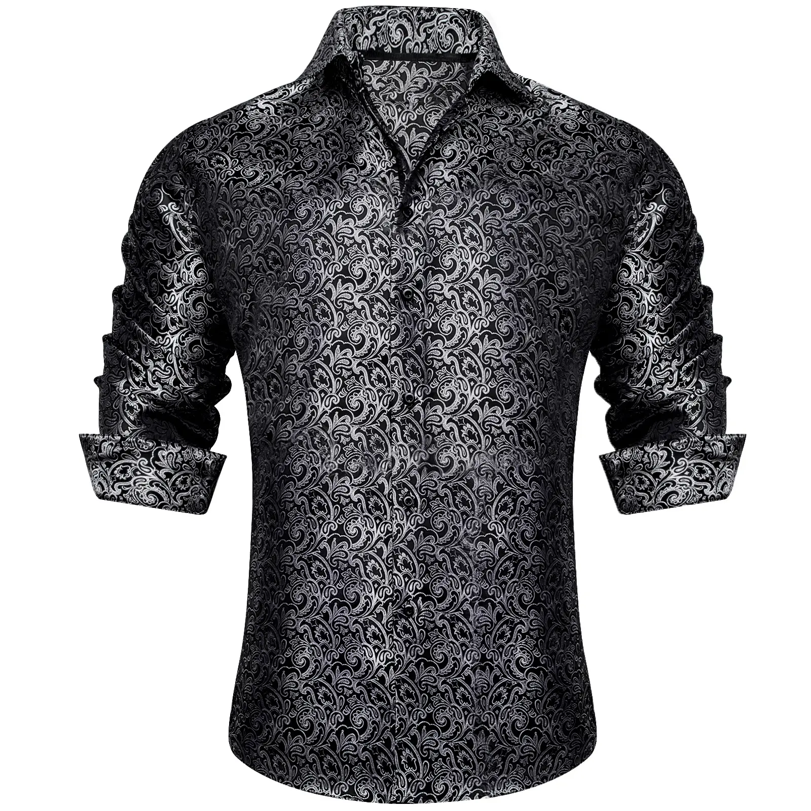 Men's Paisley Print Dress Shirt — Long Sleeve, Wrinkle-Free, Button-Down Collar, Denim Style. Blending both casual and formal aesthetics, this regular-fit black shirt serves as a wardrobe staple suitable for both business environments and everyday wear.