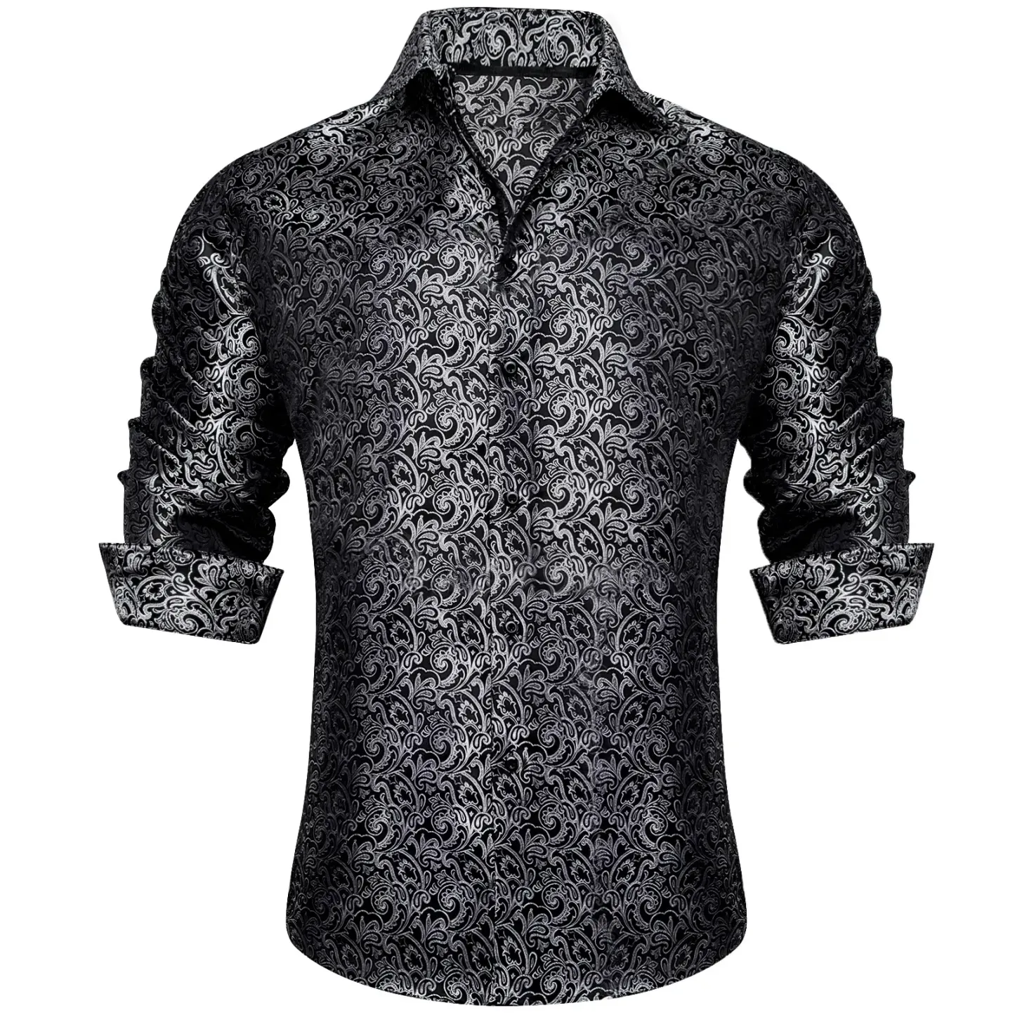 Men's Paisley Print Dress Shirt — Long Sleeve, Wrinkle-Free, Button-Down Collar, Denim Style. Blending both casual and formal aesthetics, this regular-fit black shirt serves as a wardrobe staple suitable for both business environments and everyday wear.