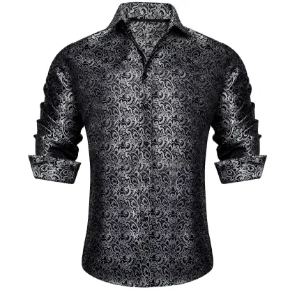Men's Paisley Print Dress Shirt — Long Sleeve, Wrinkle-Free, Button-Down Collar, Denim Style. Blending both casual and formal aesthetics, this regular-fit black shirt serves as a wardrobe staple suitable for both business environments and everyday wear.