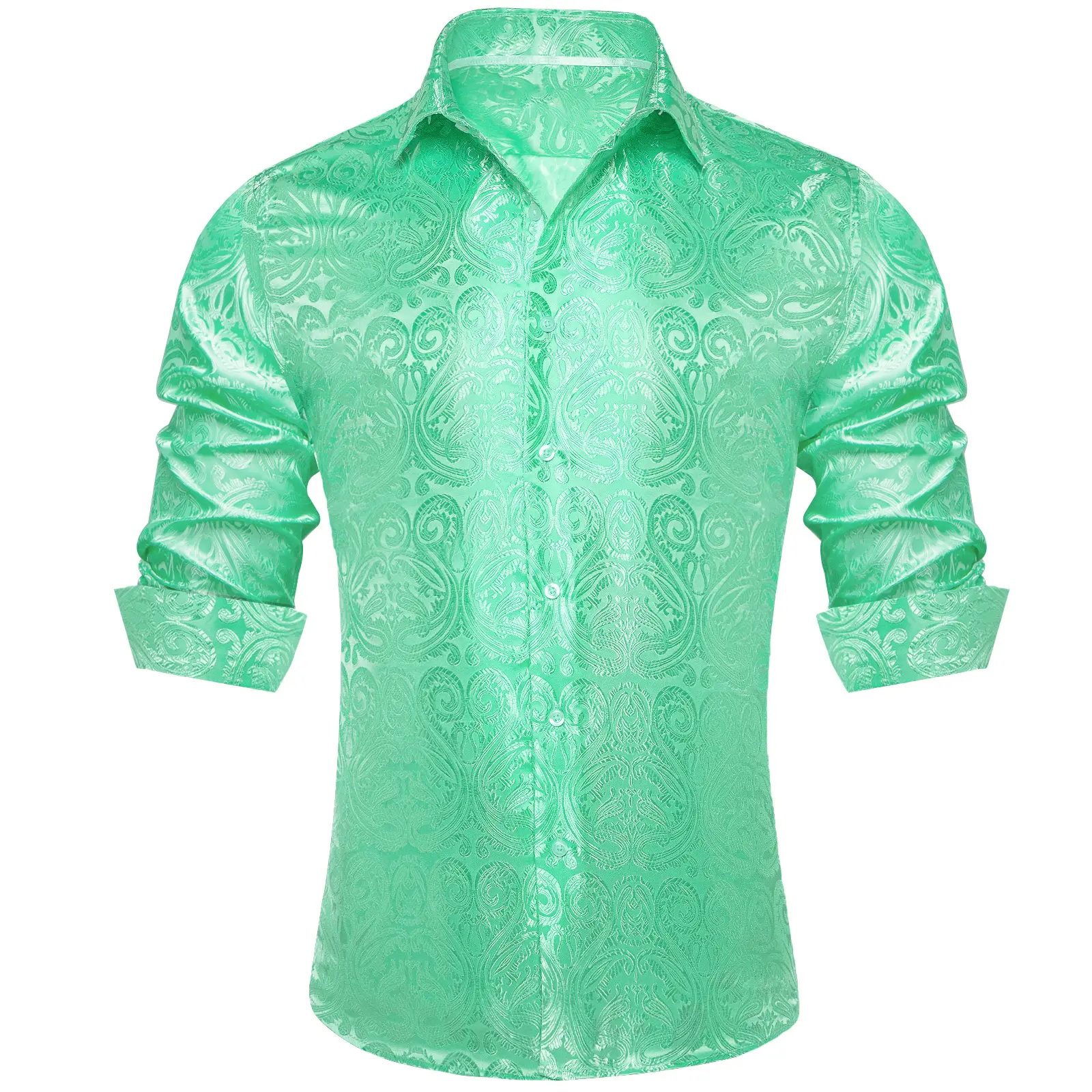Men's Paisley Print Dress Shirt — Long Sleeve, Wrinkle-Free, Button-Down Collar, Denim Style. Blending both casual and formal aesthetics, this regular-fit black shirt serves as a wardrobe staple suitable for both business environments and everyday wear.