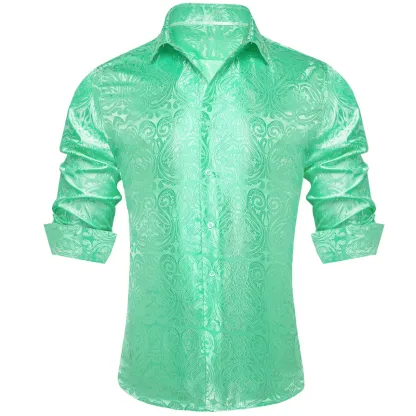 Men's Paisley Print Dress Shirt — Long Sleeve, Wrinkle-Free, Button-Down Collar, Denim Style. Blending both casual and formal aesthetics, this regular-fit black shirt serves as a wardrobe staple suitable for both business environments and everyday wear.