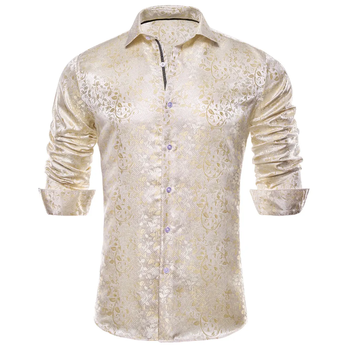 Men's Paisley Print Dress Shirt — Long Sleeve, Wrinkle-Free, Button-Down Collar, Denim Style. Blending both casual and formal aesthetics, this regular-fit black shirt serves as a wardrobe staple suitable for both business environments and everyday wear.