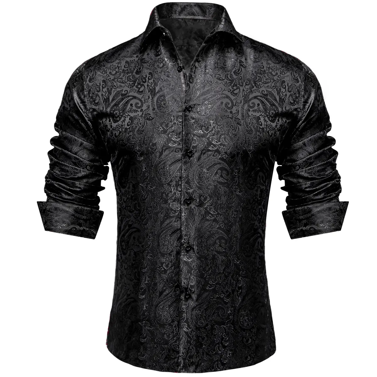 Men's Paisley Print Dress Shirt — Long Sleeve, Wrinkle-Free, Button-Down Collar, Denim Style. Blending both casual and formal aesthetics, this regular-fit black shirt serves as a wardrobe staple suitable for both business environments and everyday wear.