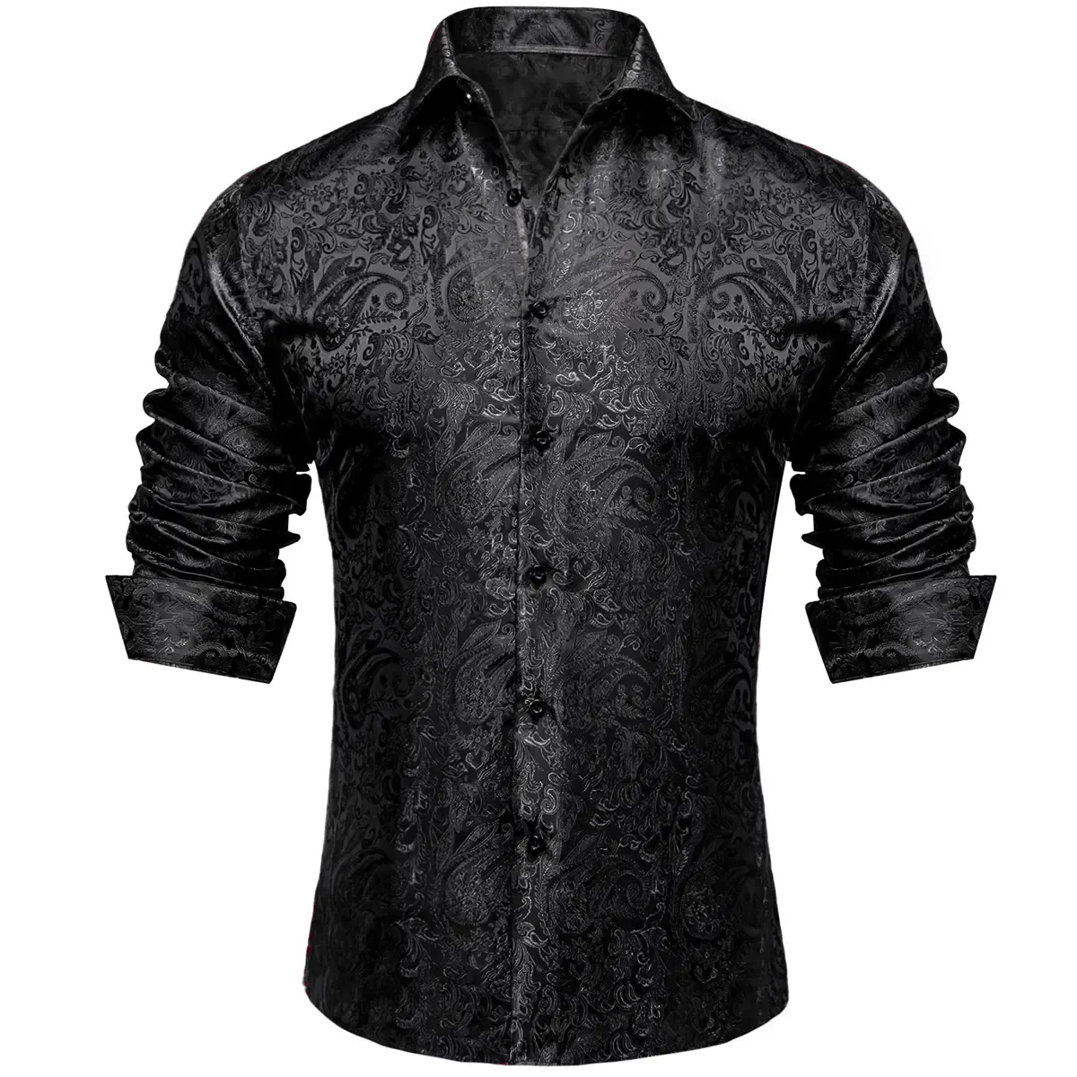 Men's Paisley Print Dress Shirt — Long Sleeve, Wrinkle-Free, Button-Down Collar, Denim Style. Blending both casual and formal aesthetics, this regular-fit black shirt serves as a wardrobe staple suitable for both business environments and everyday wear.
