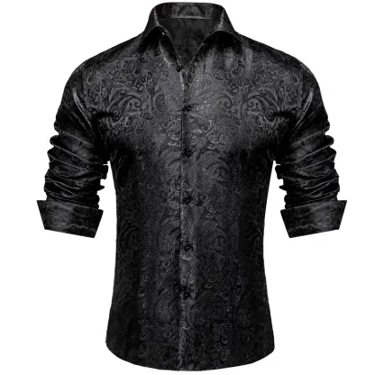 Men's Paisley Print Dress Shirt — Long Sleeve, Wrinkle-Free, Button-Down Collar, Denim Style. Blending both casual and formal aesthetics, this regular-fit black shirt serves as a wardrobe staple suitable for both business environments and everyday wear.