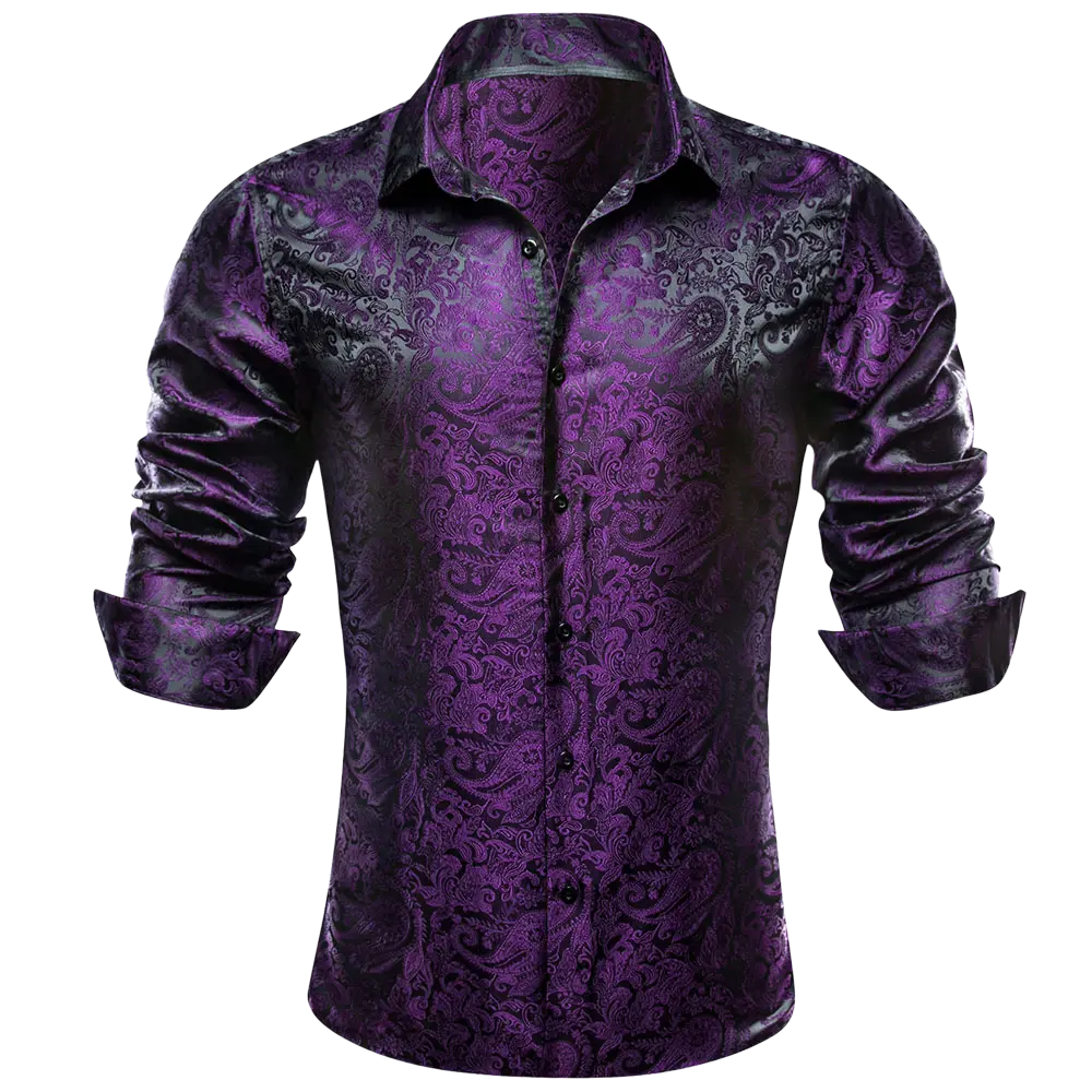 Men's Paisley Print Dress Shirt — Long Sleeve, Wrinkle-Free, Button-Down Collar, Denim Style. Blending both casual and formal aesthetics, this regular-fit black shirt serves as a wardrobe staple suitable for both business environments and everyday wear.
