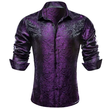 Men's Paisley Print Dress Shirt — Long Sleeve, Wrinkle-Free, Button-Down Collar, Denim Style. Blending both casual and formal aesthetics, this regular-fit black shirt serves as a wardrobe staple suitable for both business environments and everyday wear.