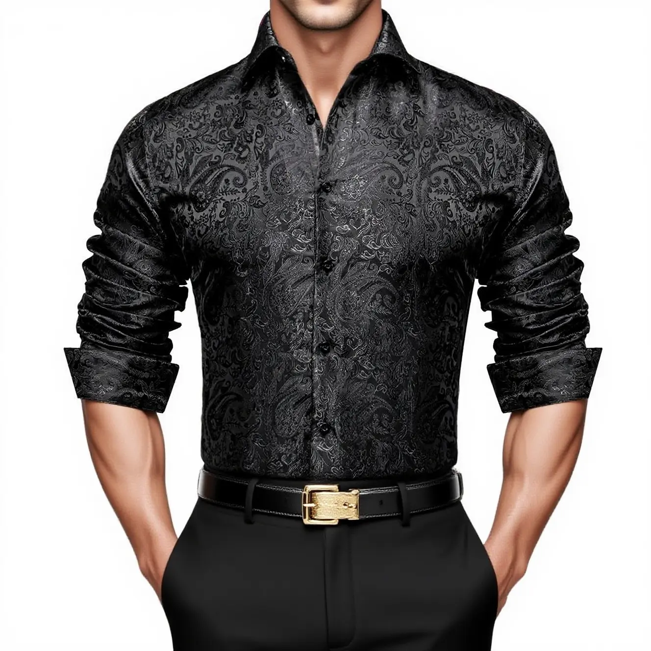 Men's Paisley Print Dress Shirt — Long Sleeve, Wrinkle-Free, Button-Down Collar, Denim Style. Blending both casual and formal aesthetics, this regular-fit black shirt serves as a wardrobe staple suitable for both business environments and everyday wear.