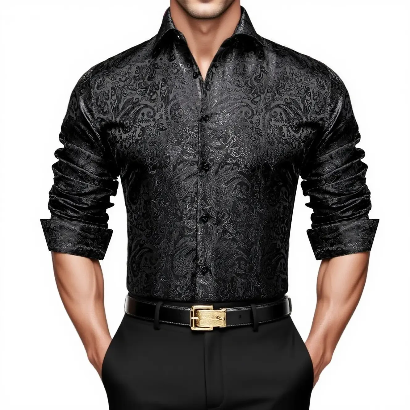 Men's Paisley Print Dress Shirt — Long Sleeve, Wrinkle-Free, Button-Down Collar, Denim Style. Blending both casual and formal aesthetics, this regular-fit black shirt serves as a wardrobe staple suitable for both business environments and everyday wear.