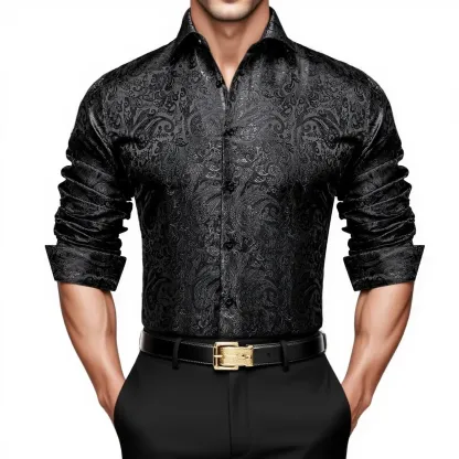 Men's Paisley Print Dress Shirt — Long Sleeve, Wrinkle-Free, Button-Down Collar, Denim Style. Blending both casual and formal aesthetics, this regular-fit black shirt serves as a wardrobe staple suitable for both business environments and everyday wear.
