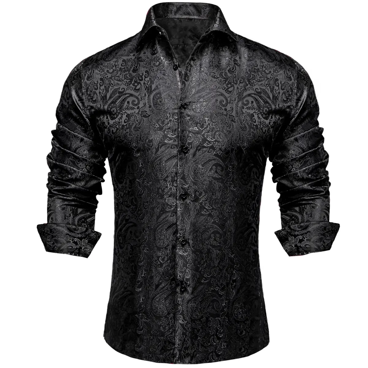 Men's Paisley Print Dress Shirt — Long Sleeve, Wrinkle-Free, Button-Down Collar, Denim Style. Blending both casual and formal aesthetics, this regular-fit black shirt serves as a wardrobe staple suitable for both business environments and everyday wear.