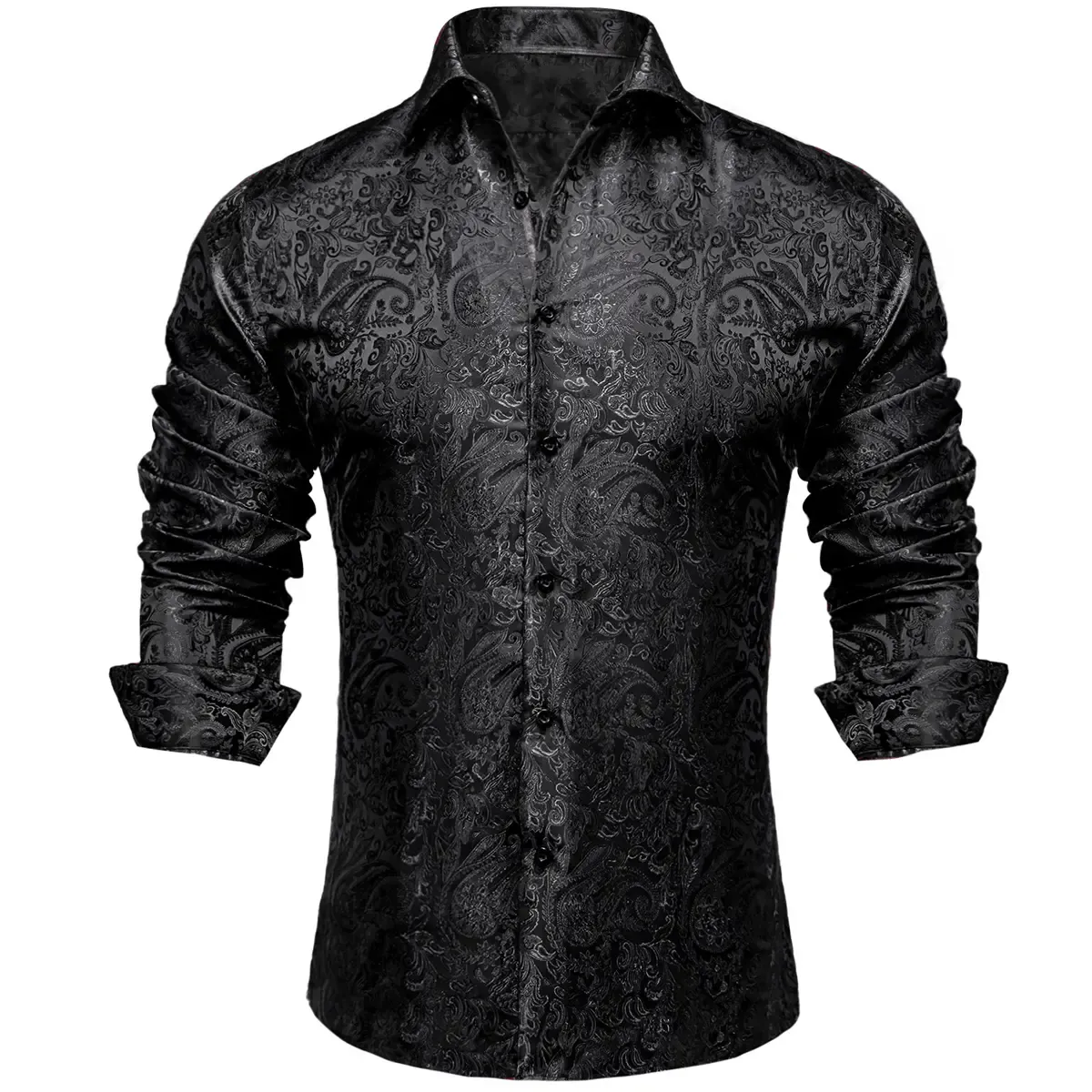 Men's Paisley Print Dress Shirt — Long Sleeve, Wrinkle-Free, Button-Down Collar, Denim Style. Blending both casual and formal aesthetics, this regular-fit black shirt serves as a wardrobe staple suitable for both business environments and everyday wear.