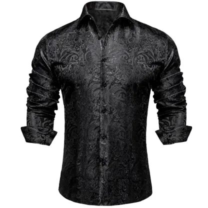 Men's Paisley Print Dress Shirt — Long Sleeve, Wrinkle-Free, Button-Down Collar, Denim Style. Blending both casual and formal aesthetics, this regular-fit black shirt serves as a wardrobe staple suitable for both business environments and everyday wear.