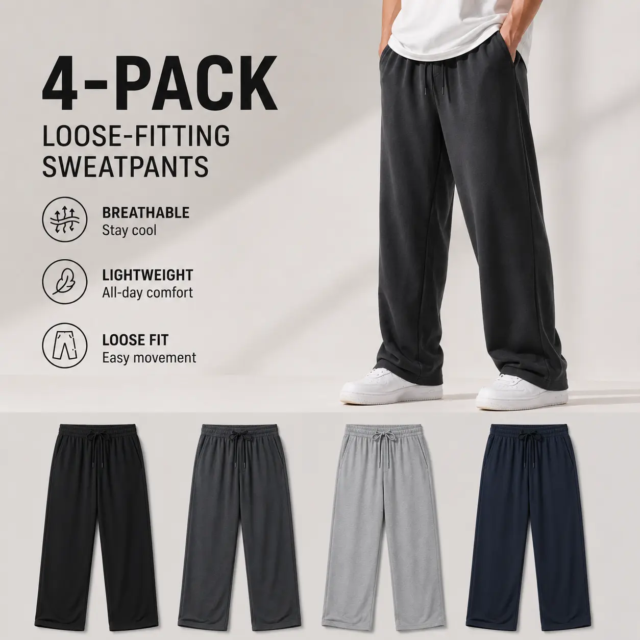 4-Pack Men's Loose Fitting Casual Pants for Fall Relaxed Fit Oversize Clothing Comfortable Drawstring Lounge Pants with Pockets  Workout Stylish Black And Deep Gray, Beige FathersDayGift