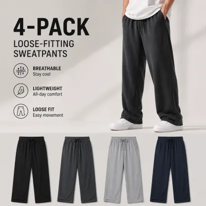 4-Pack Men's Loose Fitting Casual Pants for Fall Relaxed Fit Oversize Clothing Comfortable Drawstring Lounge Pants with Pockets  Workout Stylish Black And Deep Gray, Beige FathersDayGift