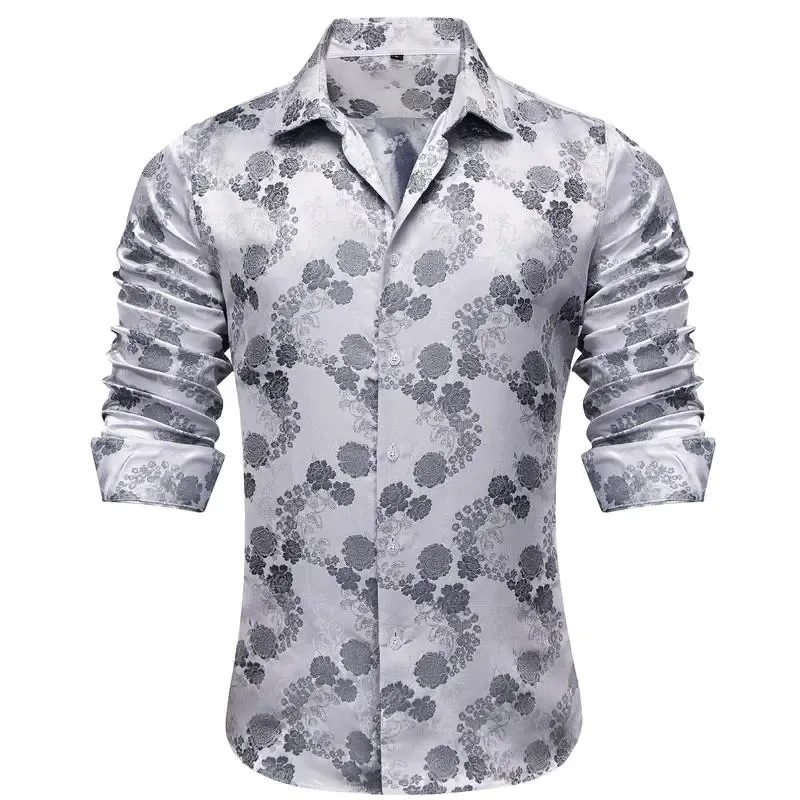 Men's Paisley Print Dress Shirt — Long Sleeve, Wrinkle-Free, Button-Down Collar, Denim Style. Blending both casual and formal aesthetics, this regular-fit black shirt serves as a wardrobe staple suitable for both business environments and everyday wear.