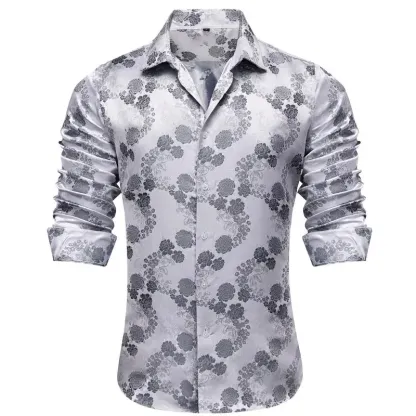 Men's Paisley Print Dress Shirt — Long Sleeve, Wrinkle-Free, Button-Down Collar, Denim Style. Blending both casual and formal aesthetics, this regular-fit black shirt serves as a wardrobe staple suitable for both business environments and everyday wear.